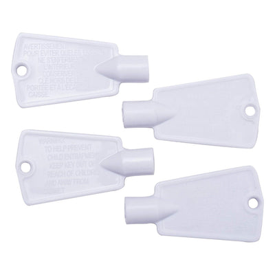 Set of four white replacement freezer door keys for Frigidaire, Kenmore, and Electrolux freezers.