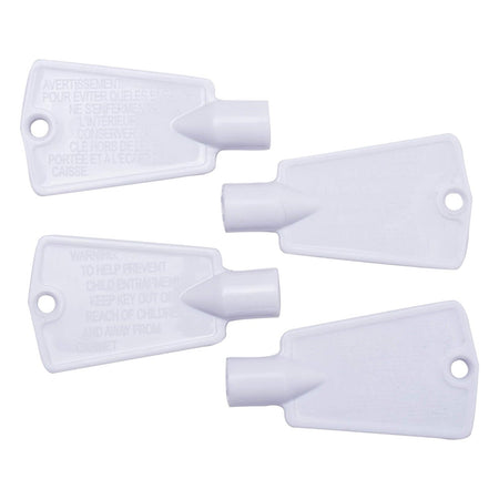 Set of four white replacement freezer door keys for Frigidaire, Kenmore, and Electrolux freezers.