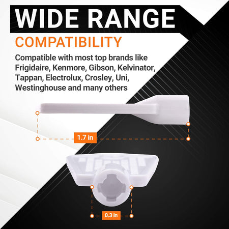 Dimensional diagram of 297147700 freezer door key showing 1.7-inch length and 0.3-inch width for compatibility reference.