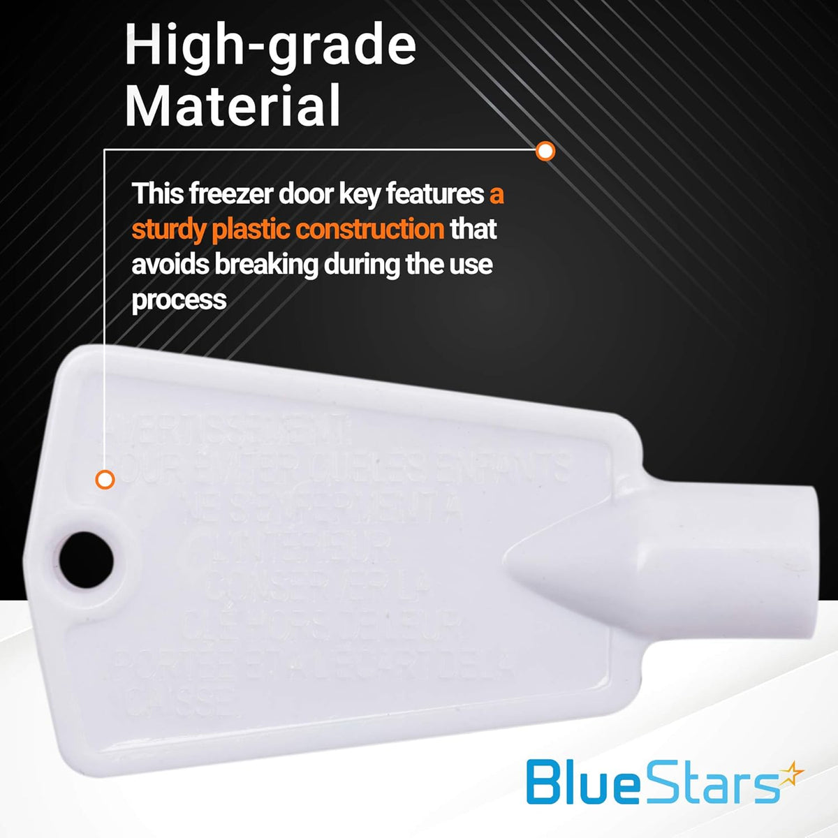 Close-up of a white plastic 297147700 freezer door key replacement with high-grade material text overlay.