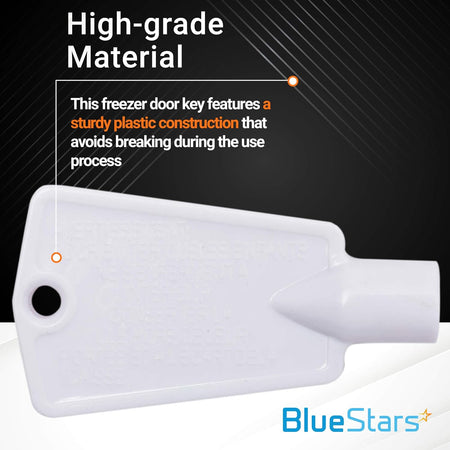Close-up of a white plastic 297147700 freezer door key replacement with high-grade material text overlay.