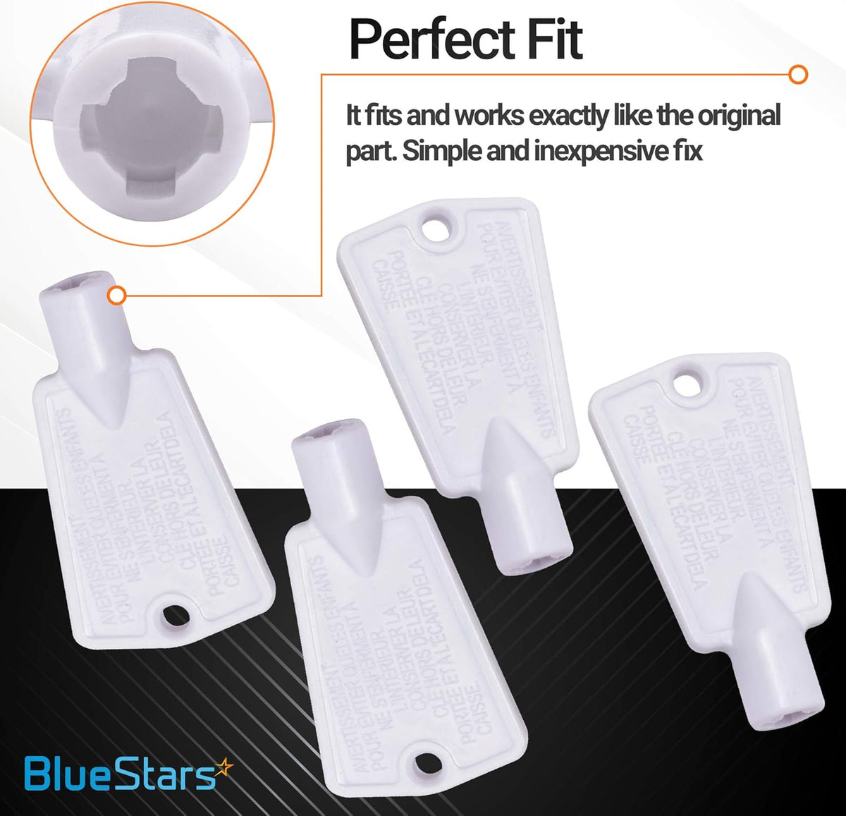 Set of four white replacement freezer door keys for Frigidaire, Kenmore, and Electrolux freezers.