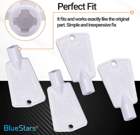 Set of four white replacement freezer door keys for Frigidaire, Kenmore, and Electrolux freezers.