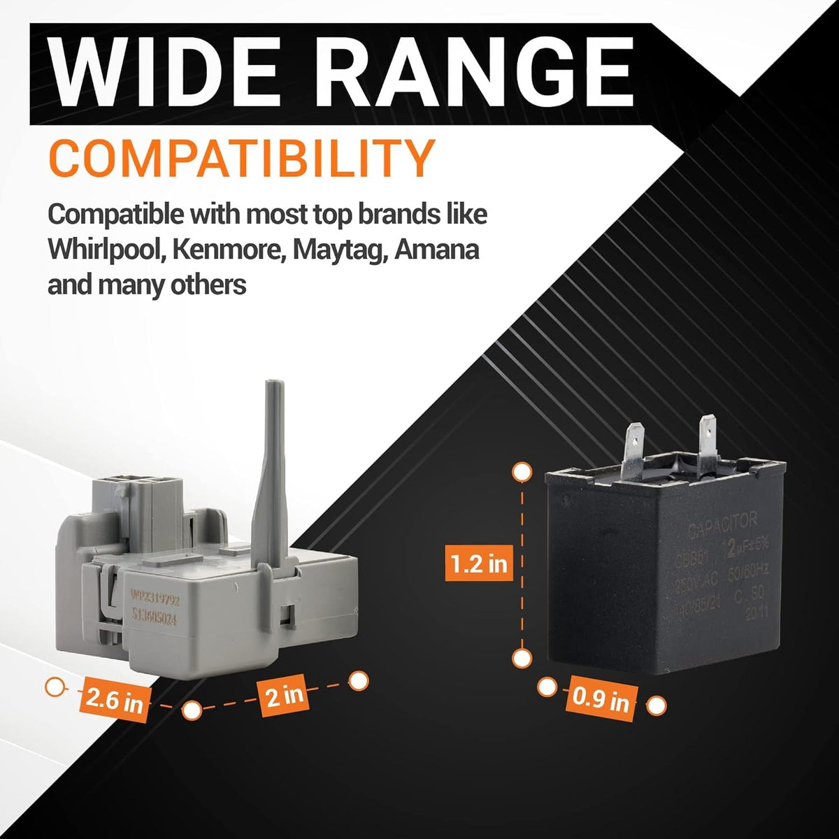 Refrigerator TSD2 overload start relay and run capacitor with dimensions for Whirlpool and Kenmore compatibility.