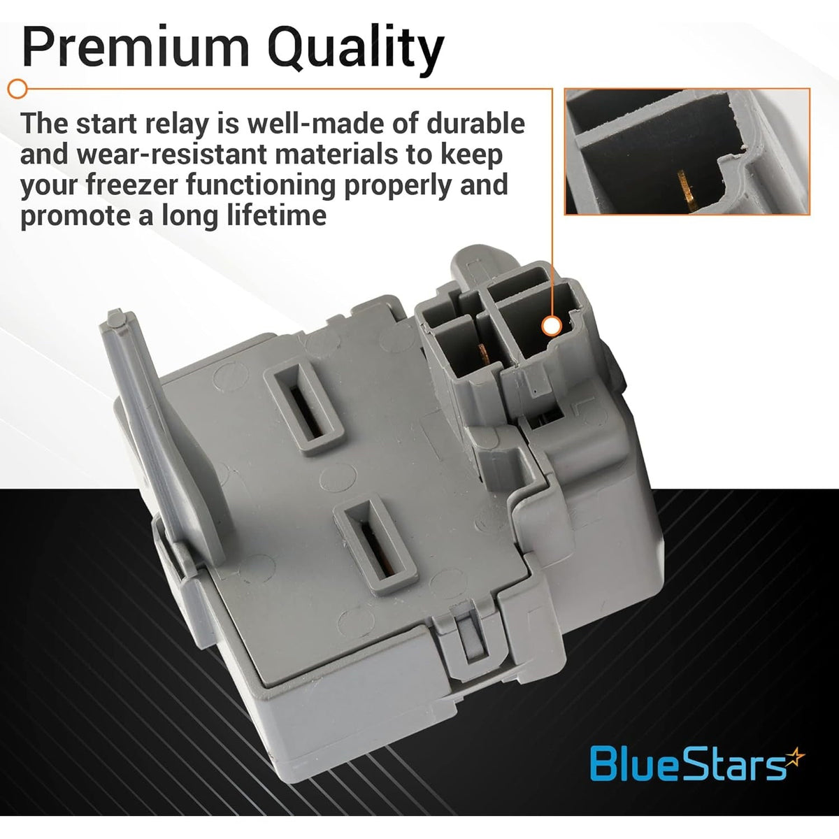 Refrigerator compressor start relay and overload switch with close-up view of terminal connector.
