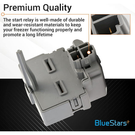 Refrigerator compressor start relay and overload switch with close-up view of terminal connector.