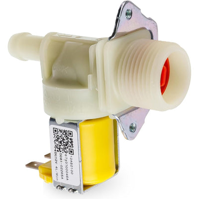 Samsung dishwasher water inlet valve DD81-02265A with yellow solenoid and threaded plastic connector.