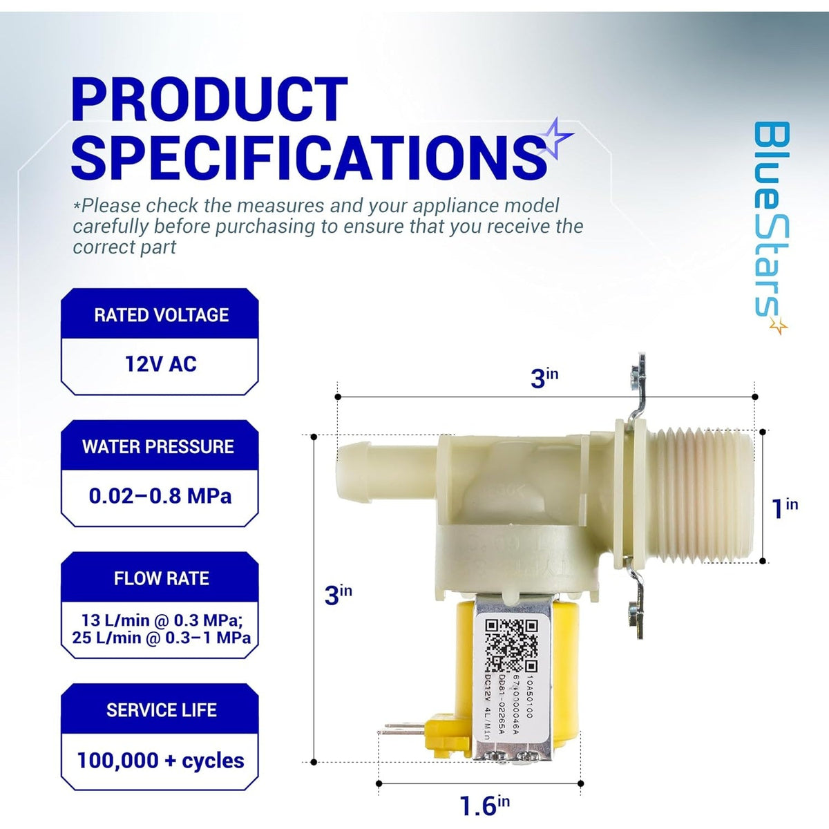 Technical specification chart for Samsung dishwasher water inlet valve DD81-02265A showing dimensions and performance data.