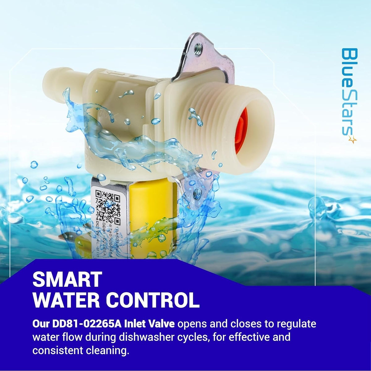 DD81-02265A dishwasher water inlet valve with yellow solenoid and mounting bracket, shown with water splash effect.