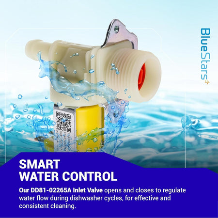 DD81-02265A dishwasher water inlet valve with yellow solenoid and mounting bracket, shown with water splash effect.