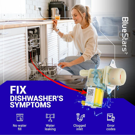 DD81-02265A dishwasher water inlet valve replacement part shown in an infographic for fixing common dishwasher issues.