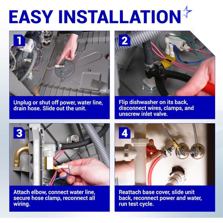Four-step installation guide for Samsung dishwasher water inlet valve DD81-02265A showing wiring and hose connections.