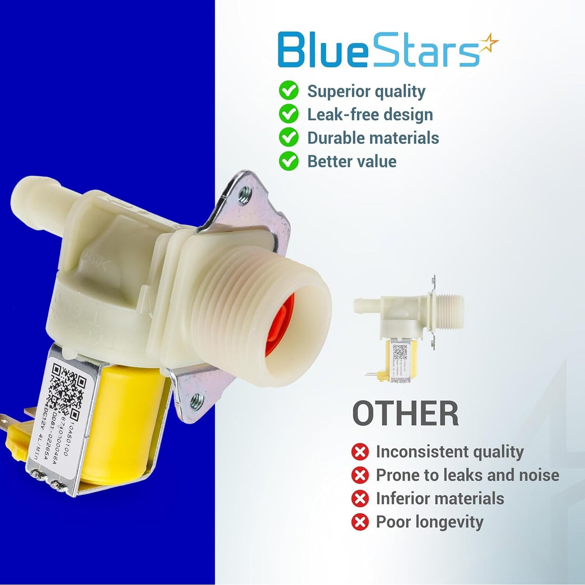 DD81-02265A dishwasher water inlet valve comparison graphic showing high-quality replacement part features.