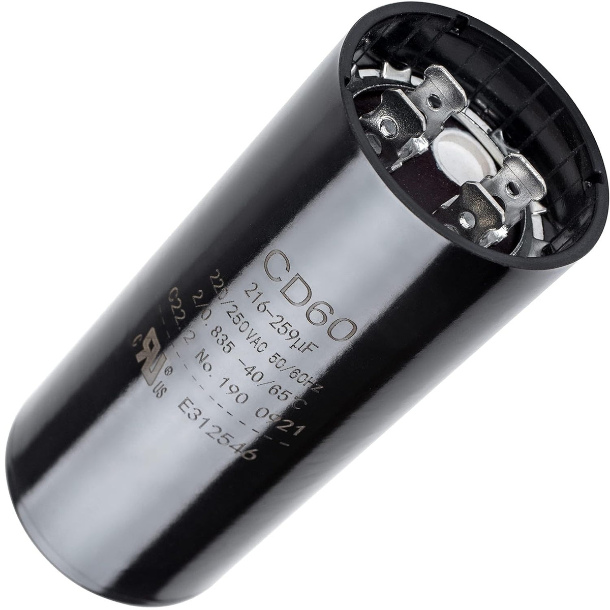 Black CD60 round motor start capacitor, 216-259 uF, 220-250 VAC, showing terminal end view.