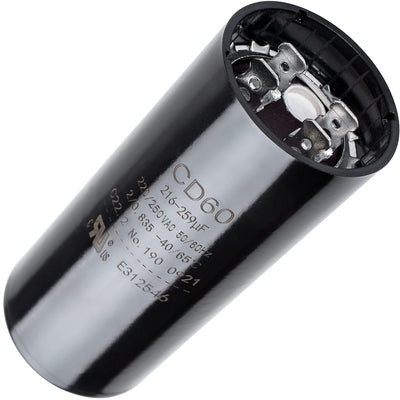 Black CD60 round motor start capacitor, 216-259 uF, 220-250 VAC, showing terminal end view.
