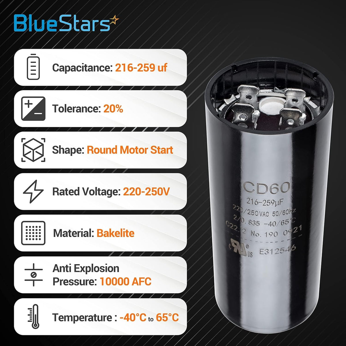 Round CD60 motor start capacitor 216-259 uF 220-250 VAC with technical specification infographic.