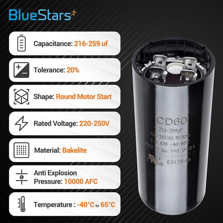 Round CD60 motor start capacitor 216-259 uF 220-250 VAC with technical specification infographic.
