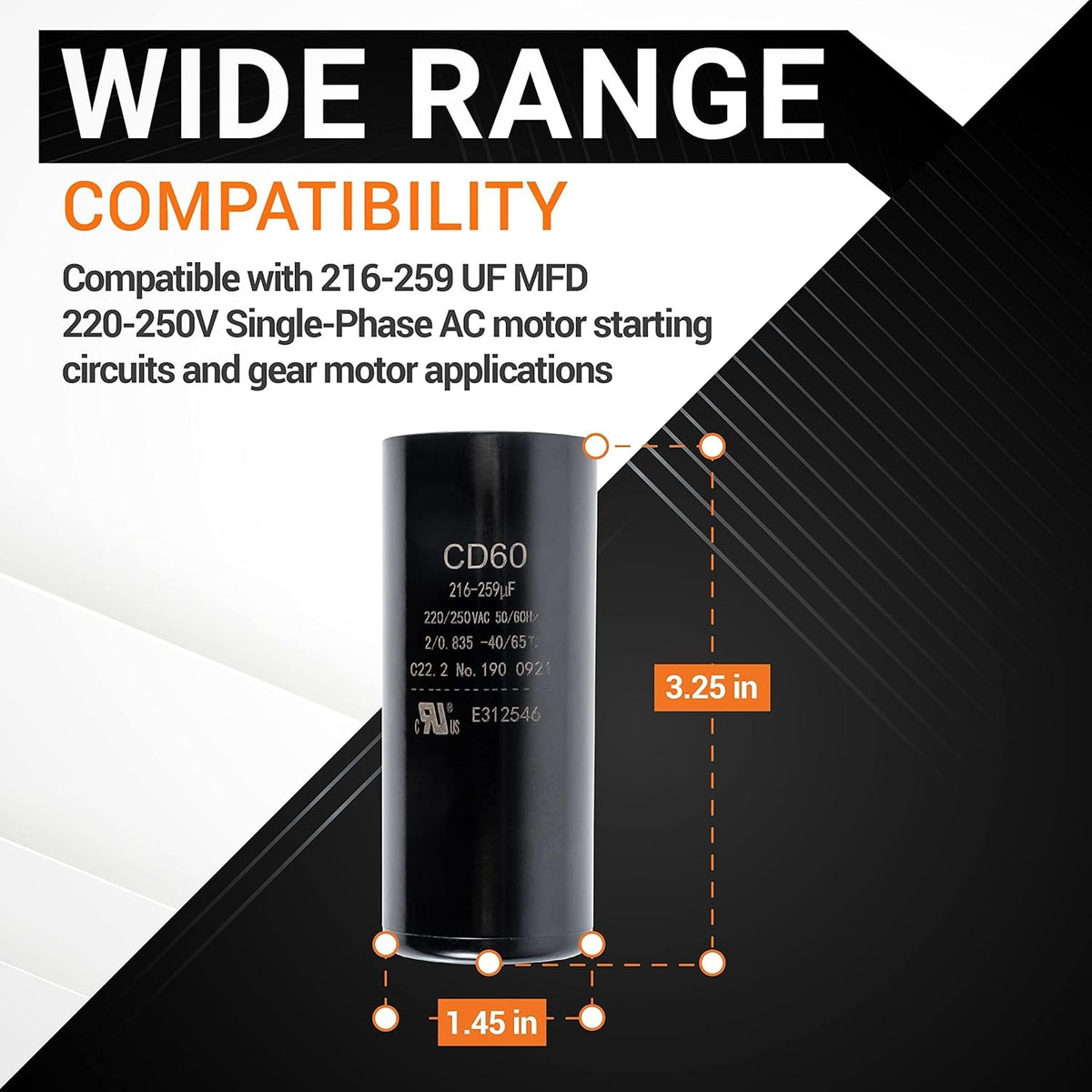 CD60 round motor start capacitor showing 216-259 uF specifications and 3.25 inch by 1.45 inch dimensions.