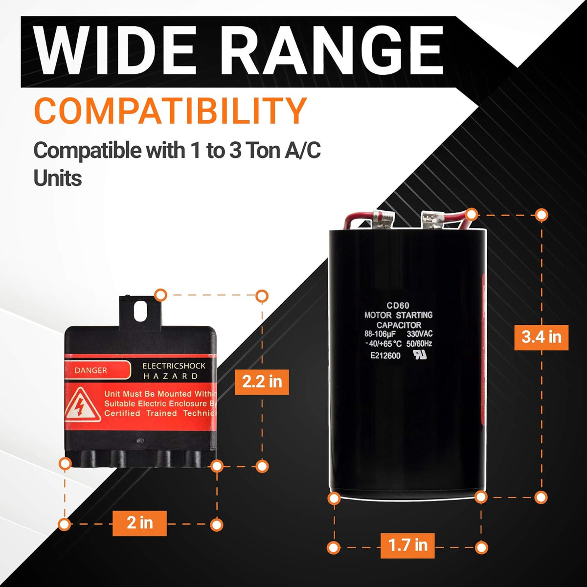 5-2-1 CSR-U1 hard start capacitor kit components with labeled dimensions for 1 to 3 ton AC units.