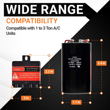 5-2-1 CSR-U1 hard start capacitor kit components with labeled dimensions for 1 to 3 ton AC units.