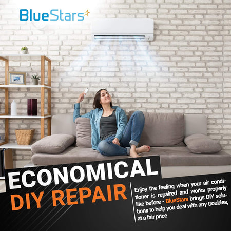 Woman relaxing on a couch under a functioning air conditioner, promoting 5-2-1 CSR-U1 hard start capacitor DIY repair.