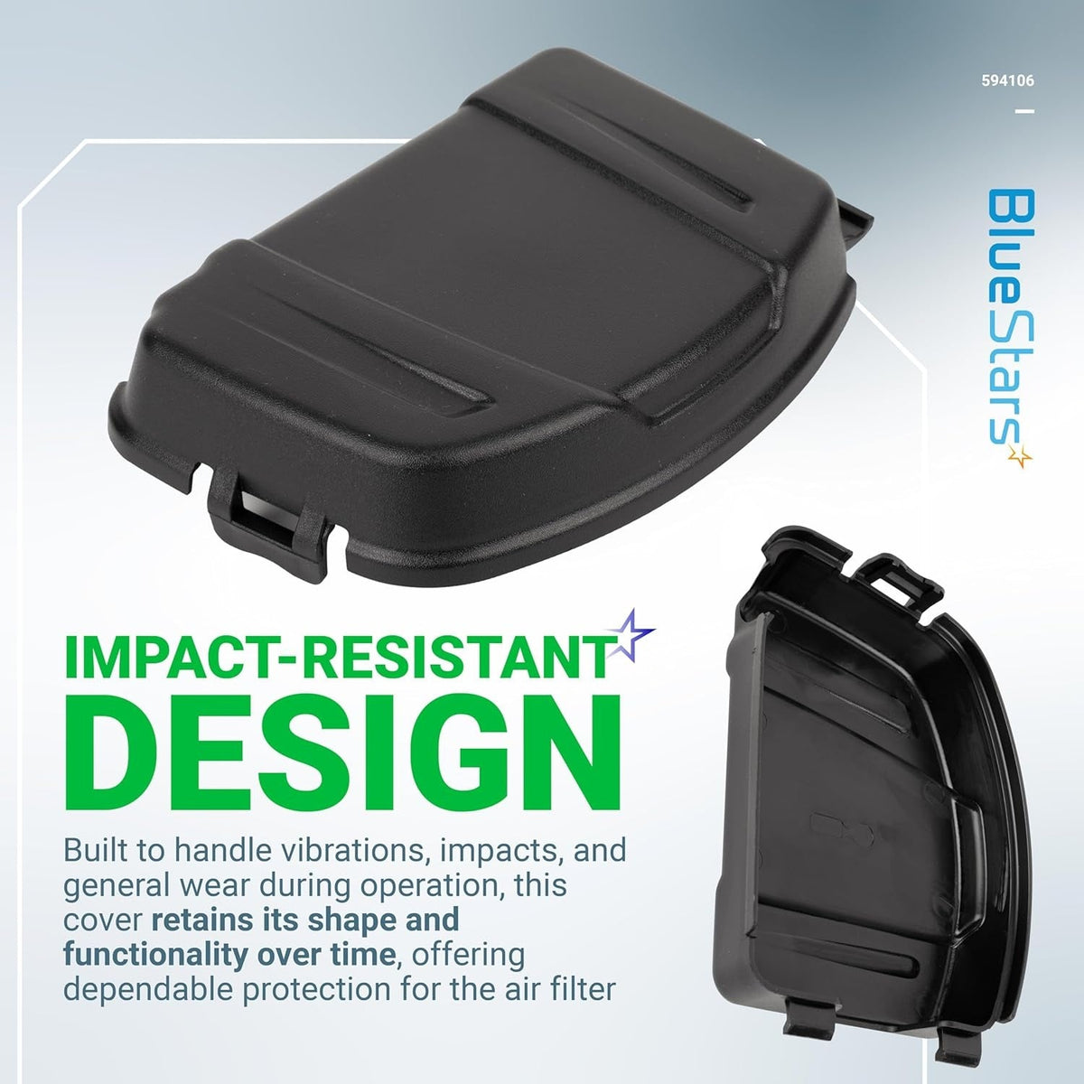 Black 594106 air cleaner cover replacement for lawn mower engines, showing top and interior views.