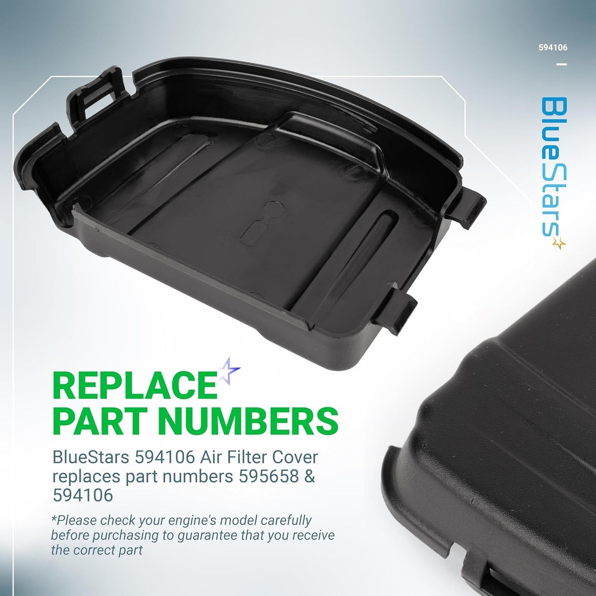 Black plastic 594106 air cleaner cover replacement for lawn mower engines.