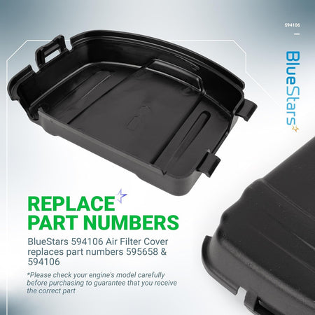 Black plastic 594106 air cleaner cover replacement for lawn mower engines.