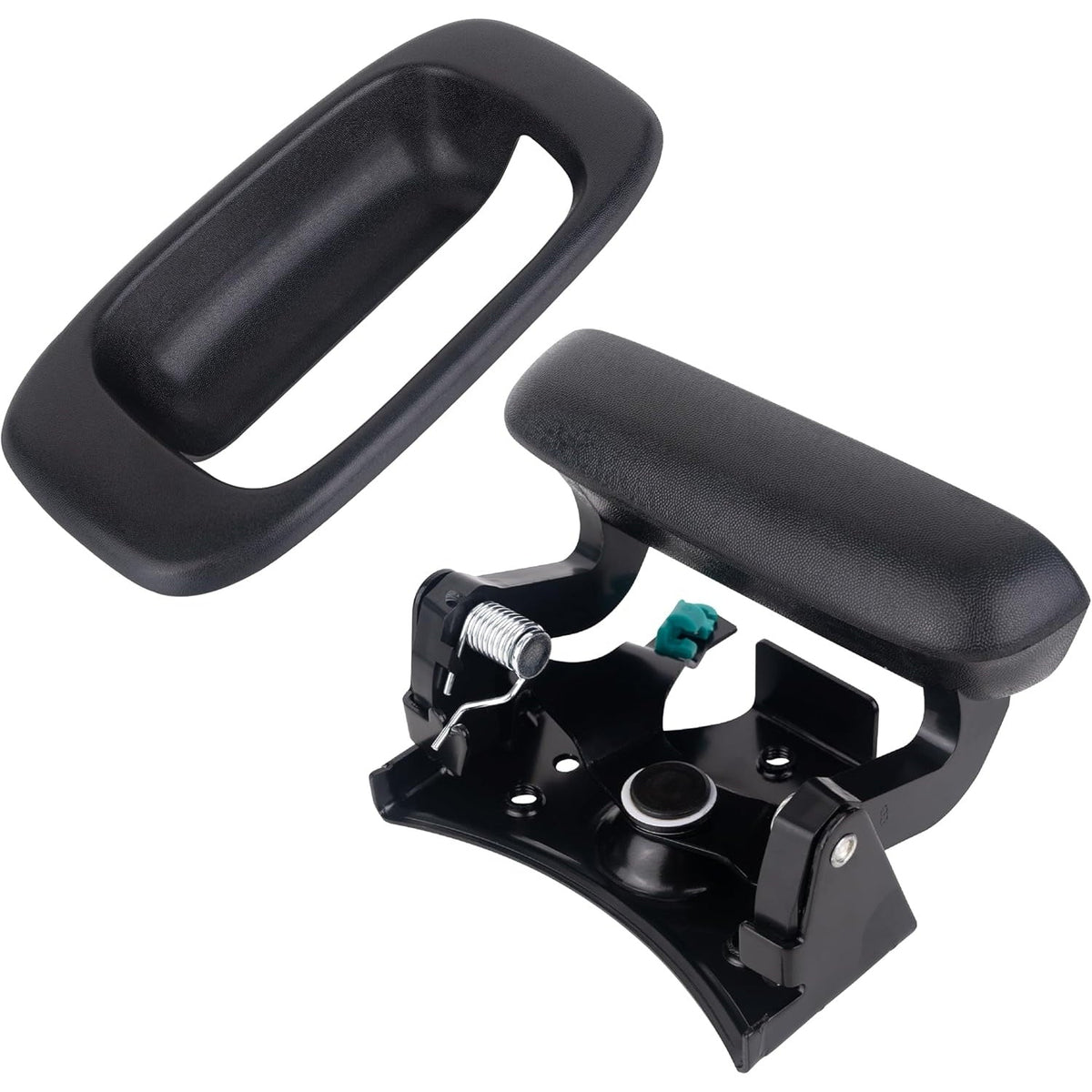 Black tailgate handle latch assembly and matching bezel trim piece.
