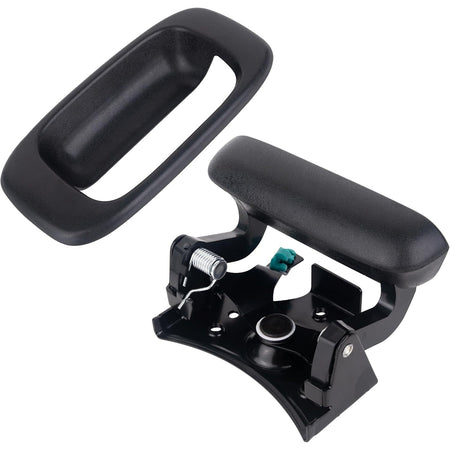 Black tailgate handle latch assembly and matching bezel trim piece.