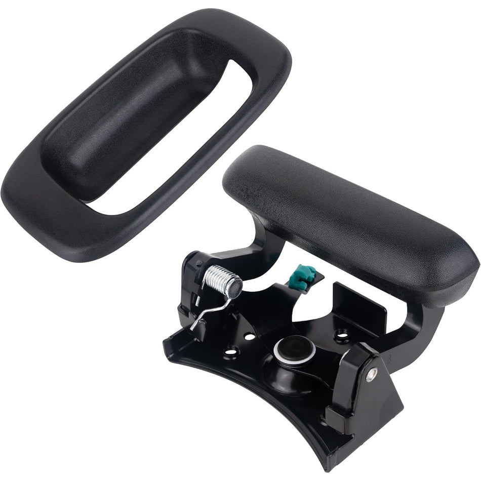 Black tailgate handle latch assembly and matching bezel trim piece.