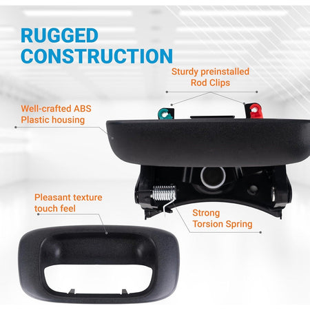 Tailgate handle latch and bezel with labeled features including rod clips, ABS housing, and torsion spring.