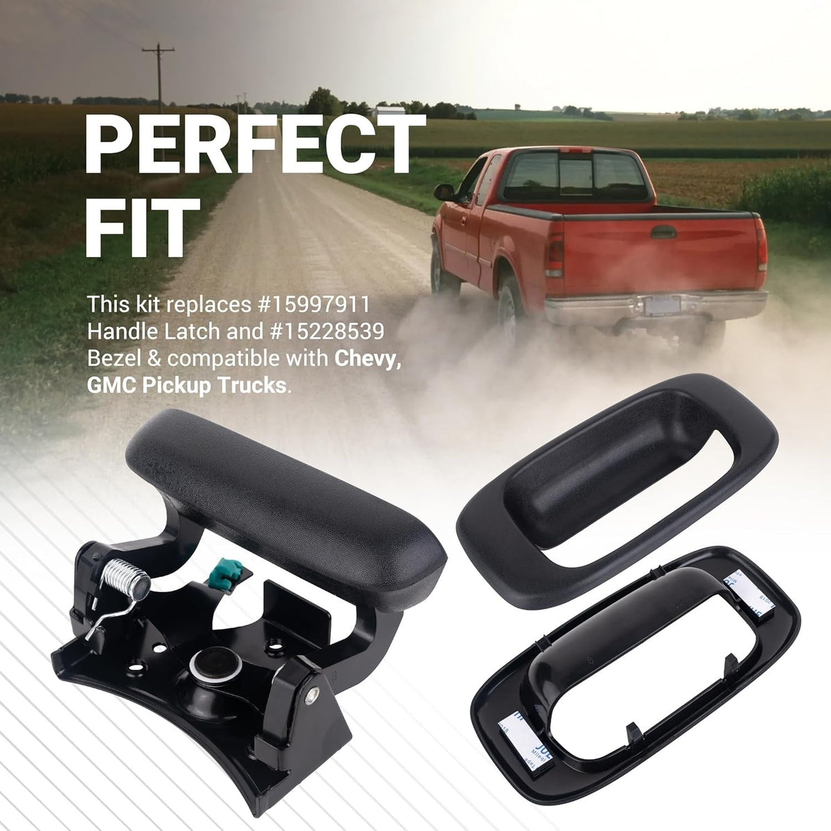 Tailgate handle latch 15997911 and bezel 15228539 replacement kit for Chevy and GMC pickup trucks.