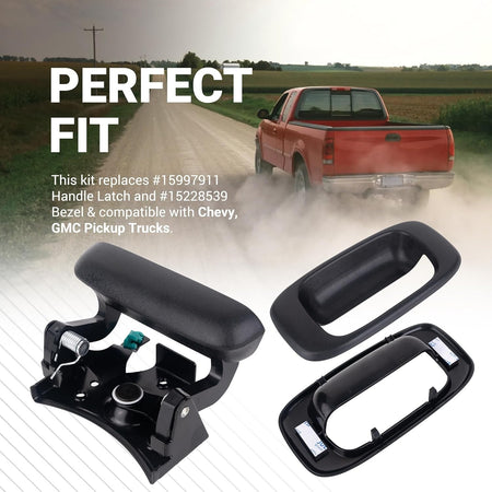 Tailgate handle latch 15997911 and bezel 15228539 replacement kit for Chevy and GMC pickup trucks.
