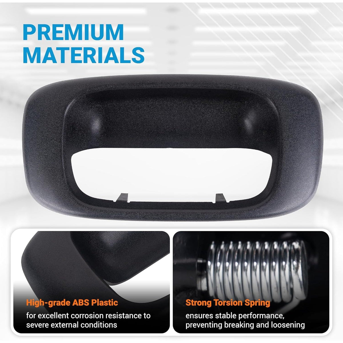 Black tailgate handle bezel 15228539 with high-grade ABS plastic construction and durable torsion spring.