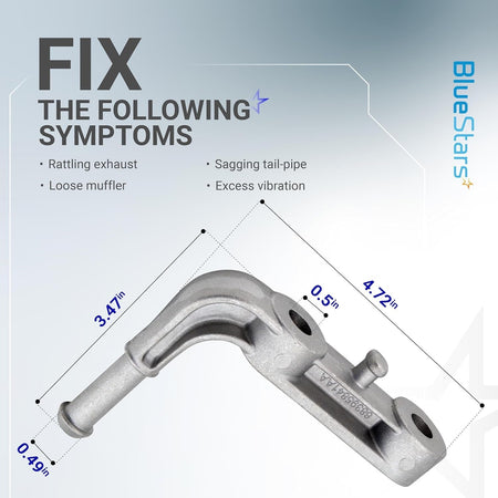 Exhaust muffler support bracket 68395841AA with dimensional technical specifications and symptom fix guide.
