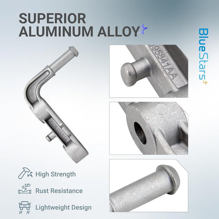 Exhaust muffler support bracket 68395841AA showing aluminum alloy construction and close-up detail views.
