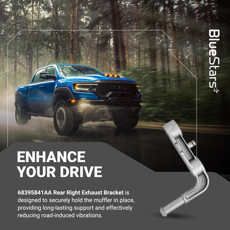 Exhaust muffler support bracket 68395841AA shown against a promotional background with a blue pickup truck.
