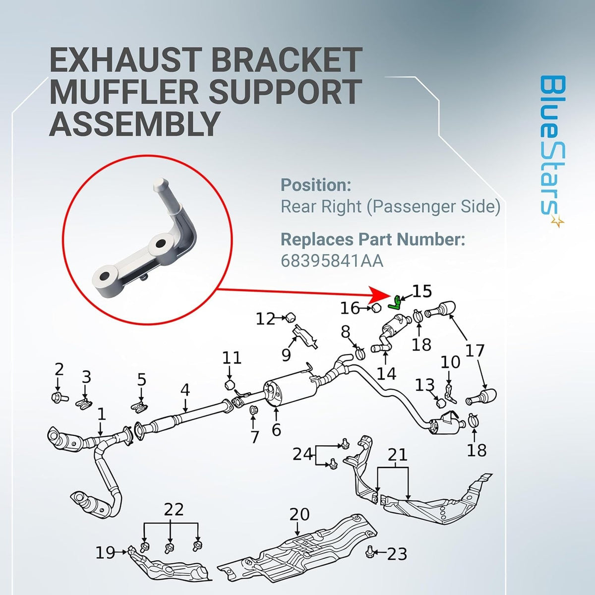 Exhaust bracket muffler support assembly 68395841AA shown in a technical diagram for rear right passenger side position.