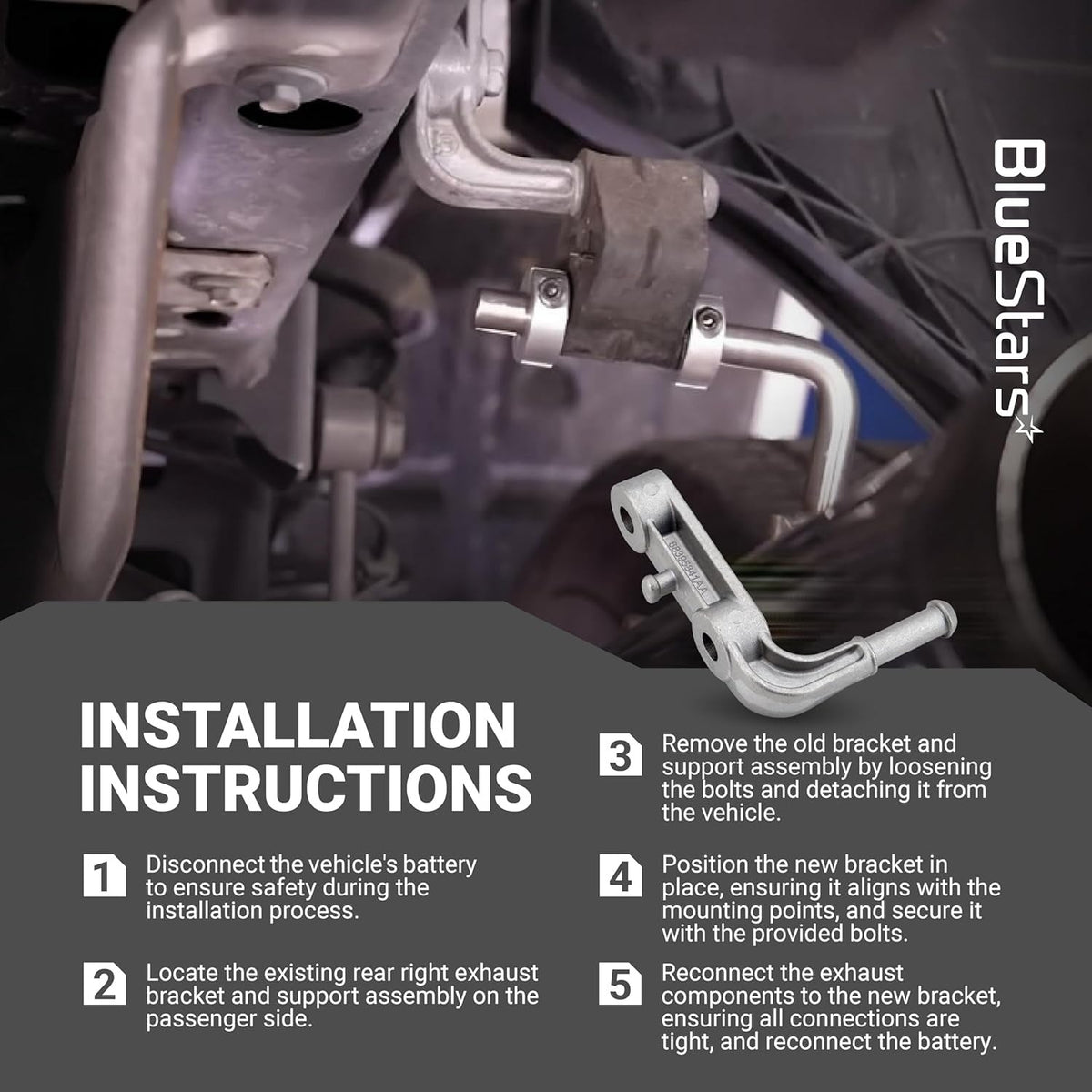 Installation guide for exhaust bracket muffler support assembly 68395841AA showing vehicle mounting points.