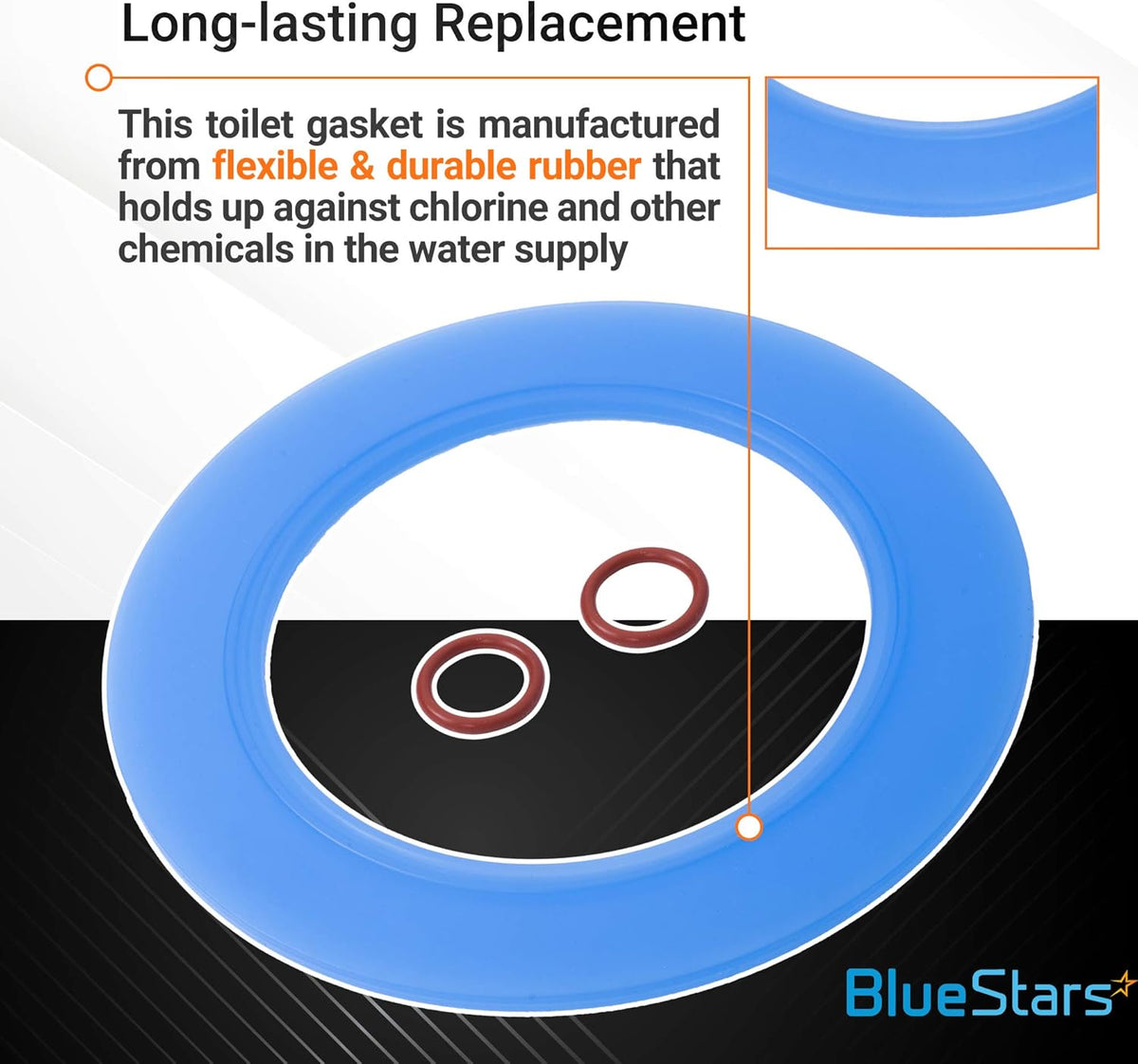 Blue rubber flush valve gasket and two small O-rings from the 7301111-0070A seal kit.