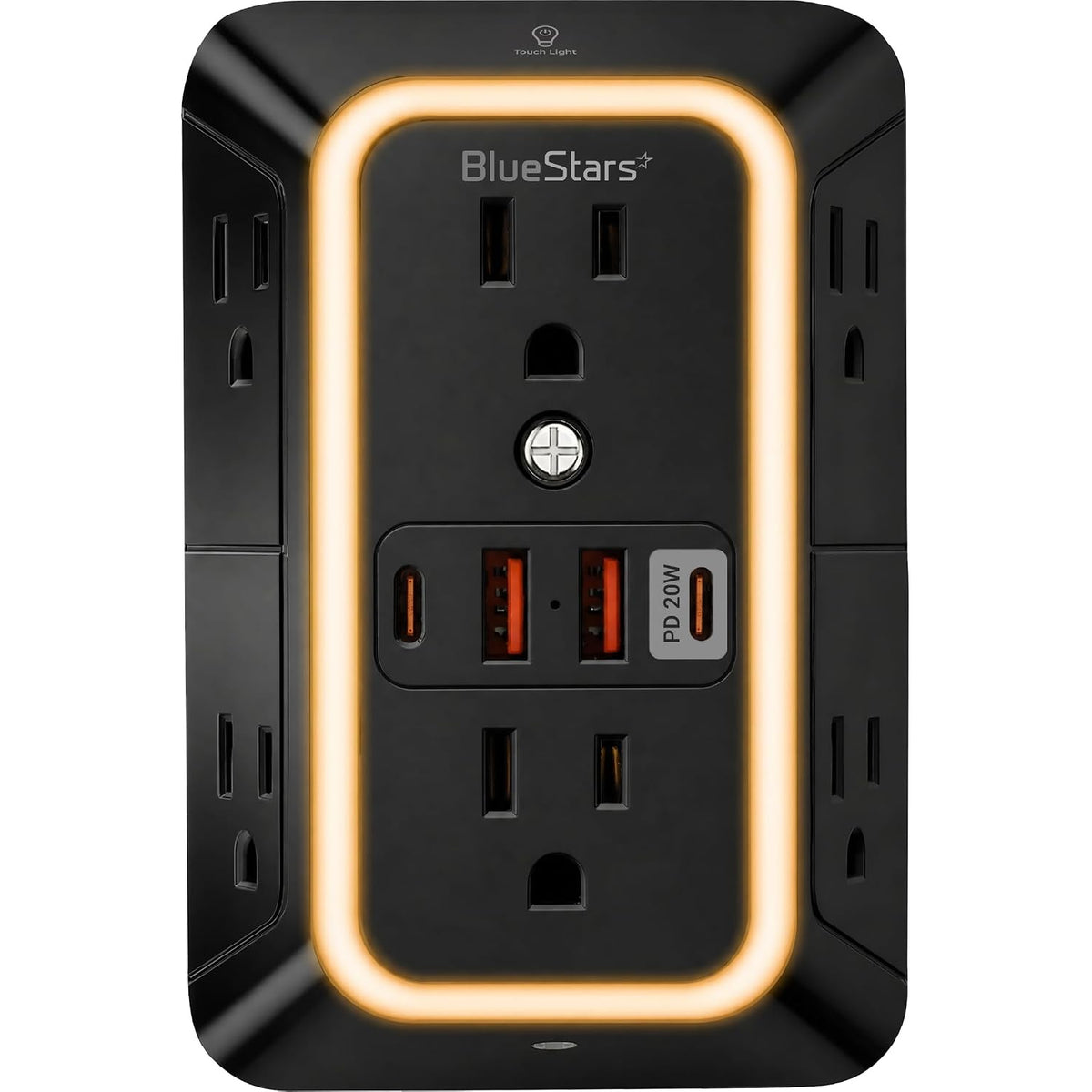 Surge Protector Outlet Extender, front view of black 6-outlet unit with 4 USB ports and illuminated orange border