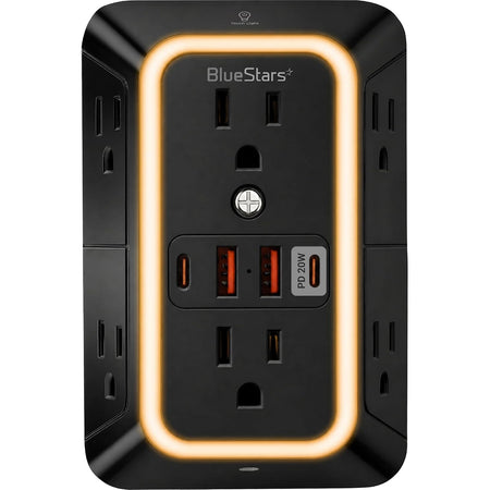 Surge Protector Outlet Extender, front view of black 6-outlet unit with 4 USB ports and illuminated orange border