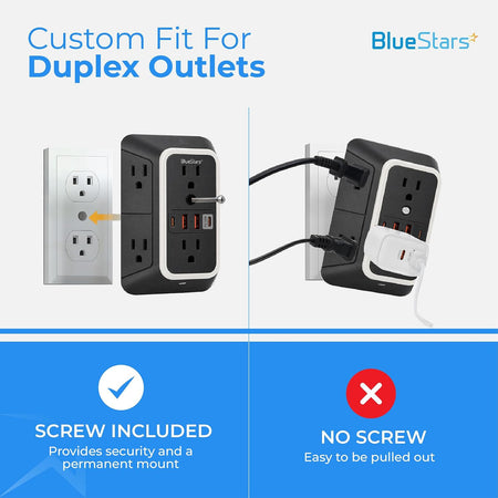 Surge Protector Outlet Extender shown on duplex outlets, with screw-secured and no-screw mounting comparisons