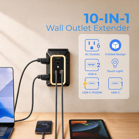 Surge Protector Outlet Extender, wall-mounted with connected devices and 10-in-1 feature graphic