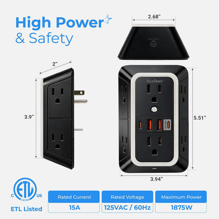 Surge Protector Outlet Extender, 6 outlets and 4 USB ports, with dimensions and 15A, 125VAC/60Hz, 1875W ratings