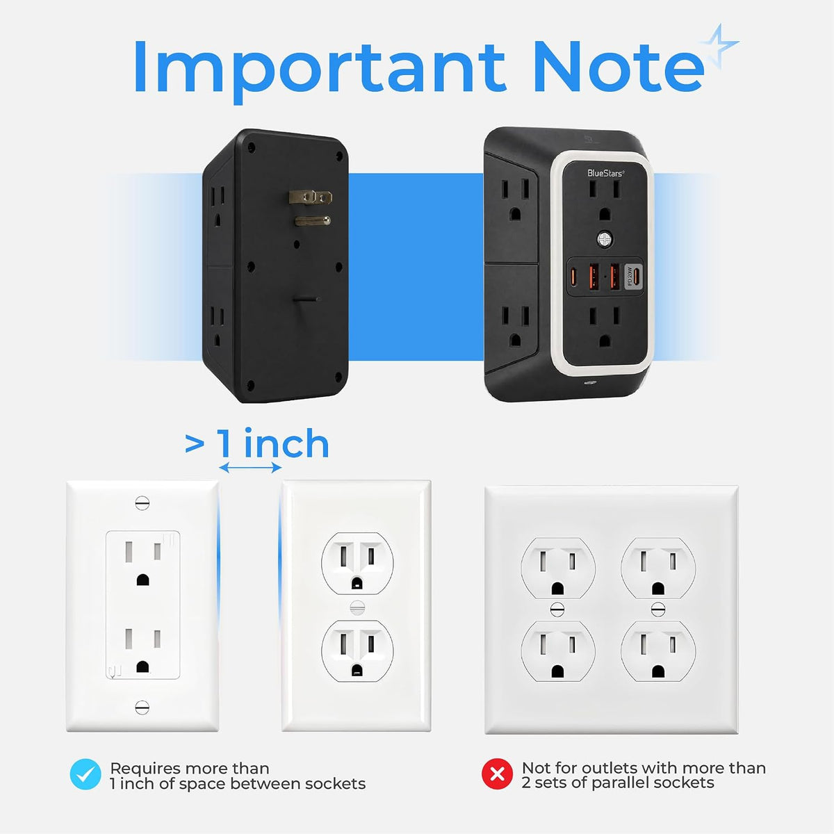 Surge Protector Outlet Extender, black, with diagram showing over 1 inch socket spacing required and incompatible outlet layo