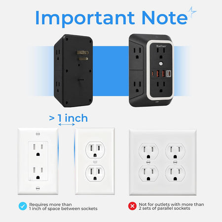 Surge Protector Outlet Extender, black, with diagram showing over 1 inch socket spacing required and incompatible outlet layo
