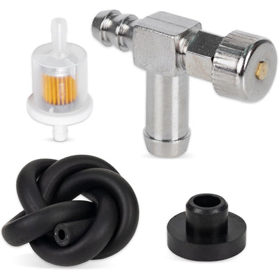 Fuel shut off valve kit with fuel filter, rubber fuel line, and gas tank grommet for outdoor power equipment.