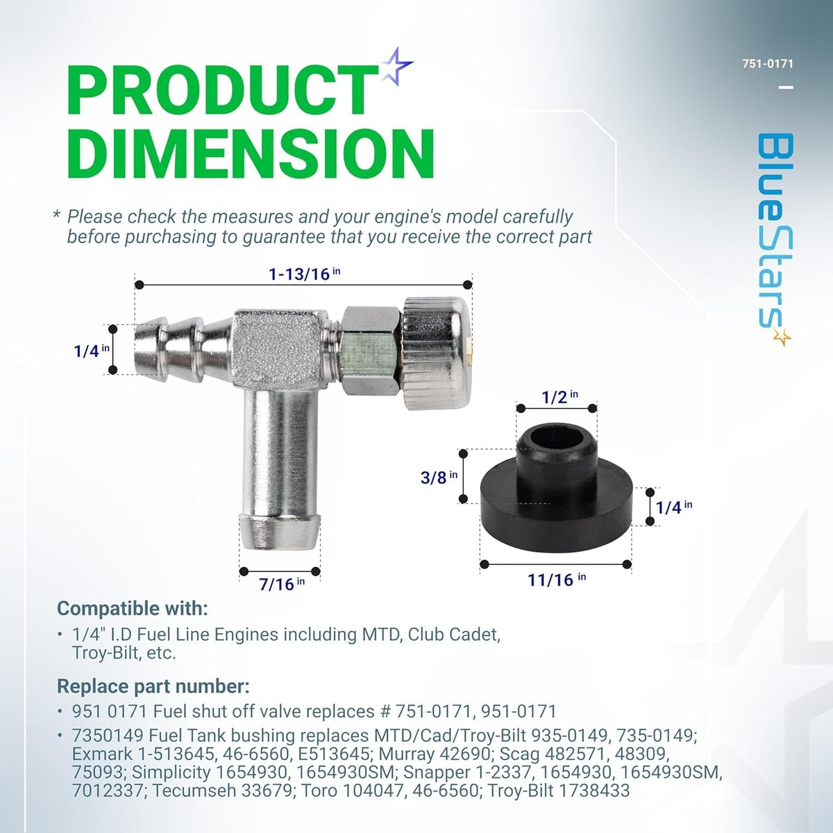 Dimension diagram of 951-0171 fuel shut off valve and 735-0149 gas tank grommet with measurements.